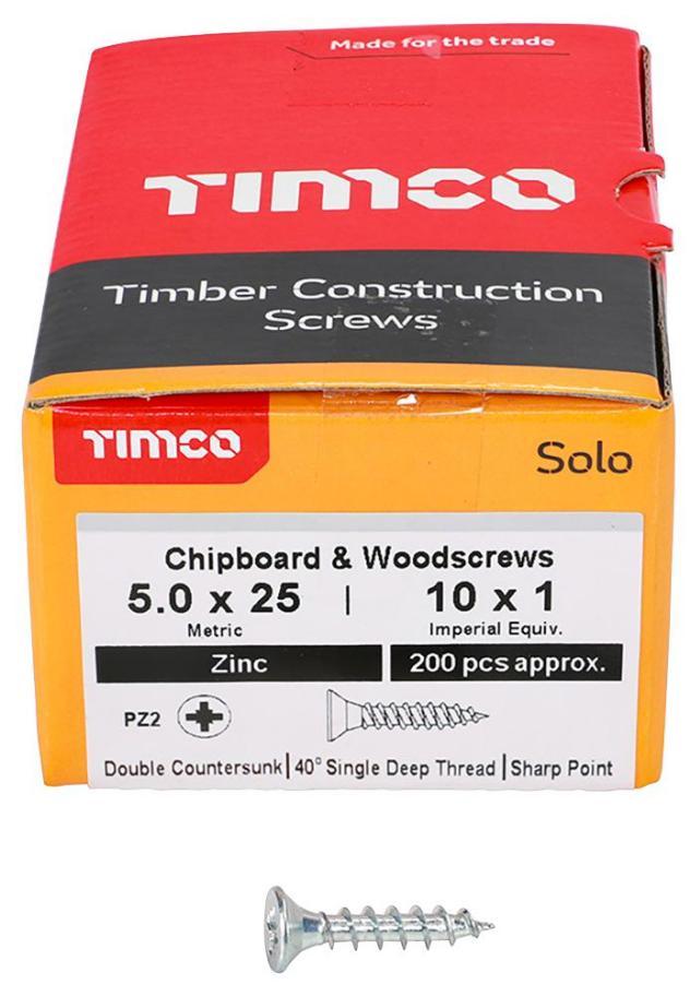 5mm x 25mm Pozidriv Double Countersunk ZP Solo Chipboard & Wood Screws, 200 Pack - 50025SOLOZ