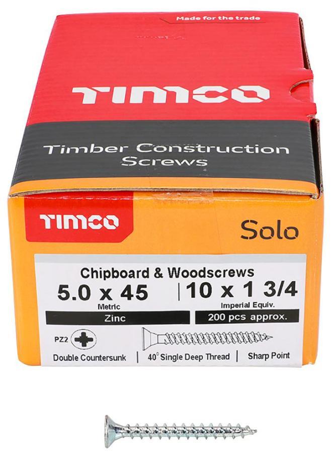 5mm x 45mm Pozidriv Double Countersunk ZP Solo Chipboard & Wood Screws, 200 Pack - 50045SOLOZ