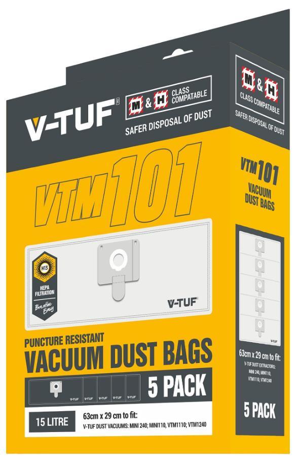 15L Dust Bags for V-Tuf M Class Vacuum Cleaner, 5 Pack - VTM101