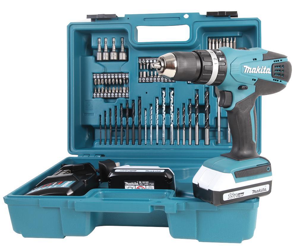 Makita - HP457DWE10 - 18v 1.3ah Li-ion Cordless Combi Drill & 74 Piece Drill Bit Set