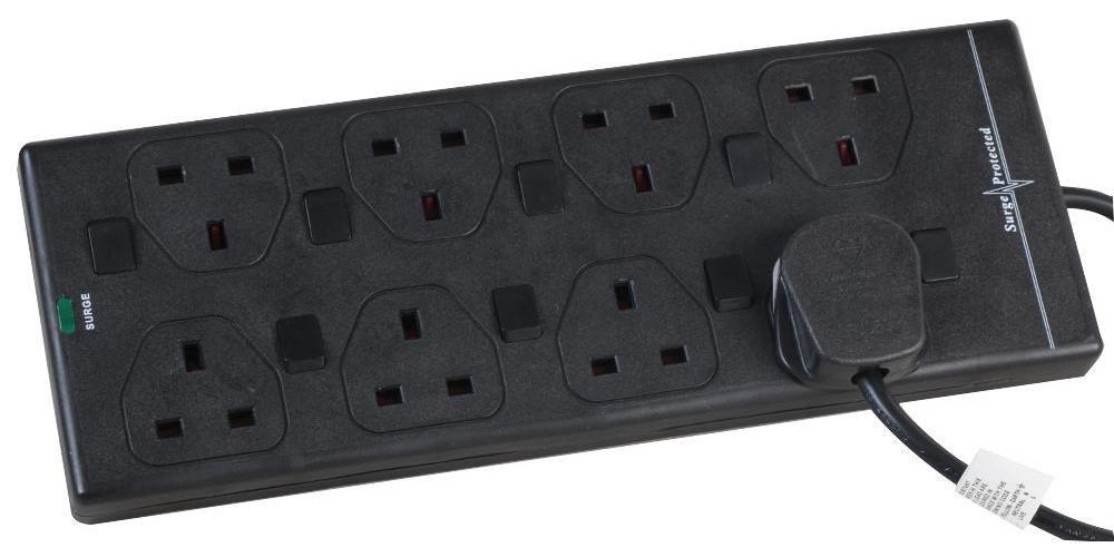 Pro Elec - 2818NS(1N) 10M BLK - 10m 8 Way Switched Surge Protected Extension Lead, Black