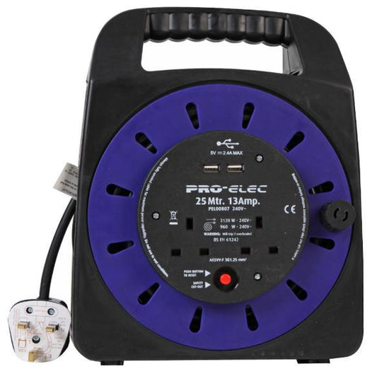 13A 2-Gang Handbag Reel Mains Extension with 2x USB Charging Ports, 25m - PRO ELEC