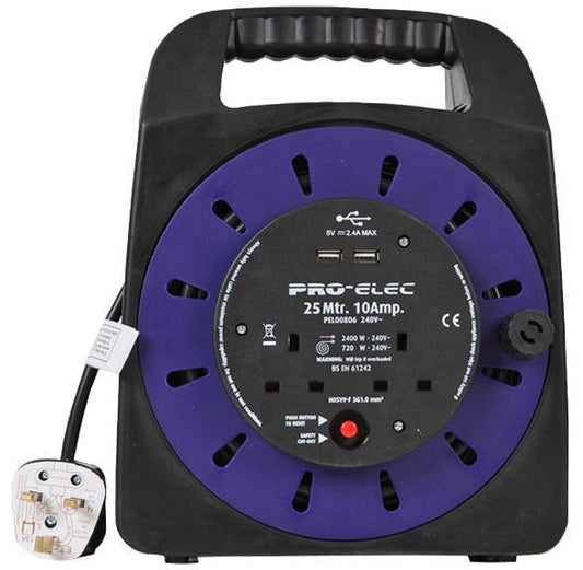 10A 2-Gang Handbag Reel Mains Extension with 2x USB Charging Ports, 25m - PRO ELEC