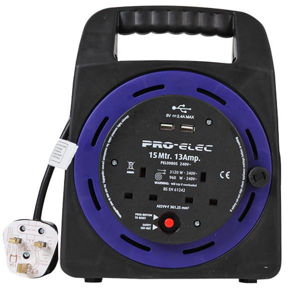13A 2-Gang Handbag Reel Mains Extension with 2x USB Charging Ports, 15m - PRO ELEC