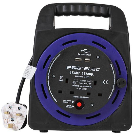 13A 2-Gang Handbag Reel Mains Extension with 2x USB Charging Ports, 15m - PRO ELEC