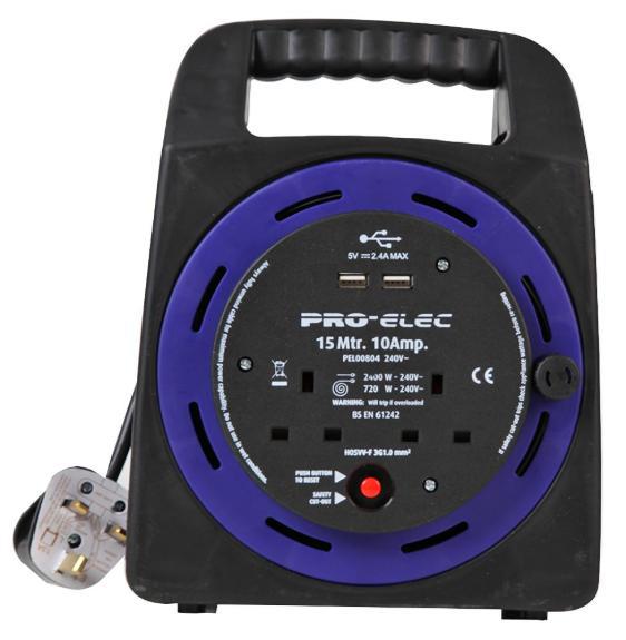 10A 2-Gang Handbag Reel Mains Extension with 2x USB Charging Ports, 15m - PRO ELEC