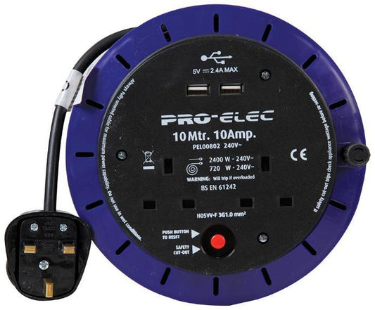 10A 2-Gang Cassette Reel Mains Extension with 2x USB Charging Ports, 10m - PRO ELEC