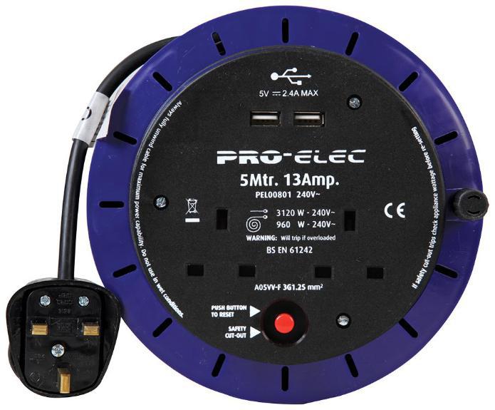 13A 2-Gang Cassette Reel Mains Extension with 2x USB Charging Ports, 5m - PRO ELEC