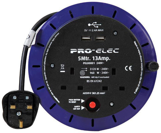 13A 2-Gang Cassette Reel Mains Extension with 2x USB Charging Ports, 5m - PRO ELEC