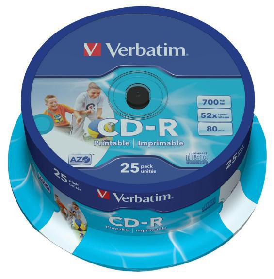 52x Speed CD-R AZO Wide Inkjet Printable Blank Discs - 25 Pack Spindle - VERBATIM