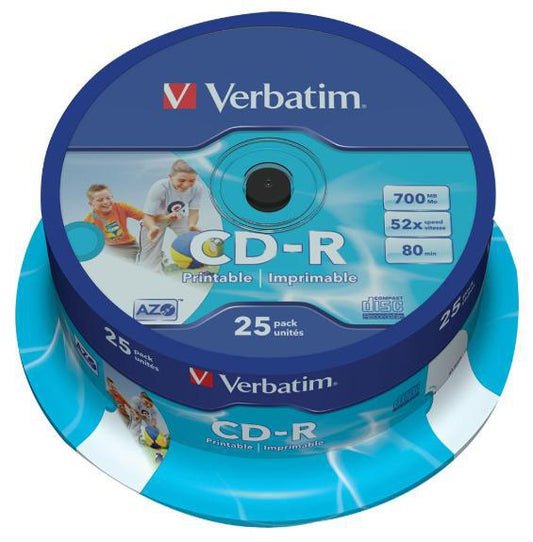 52x Speed CD-R AZO Wide Inkjet Printable Blank Discs - 25 Pack Spindle - VERBATIM