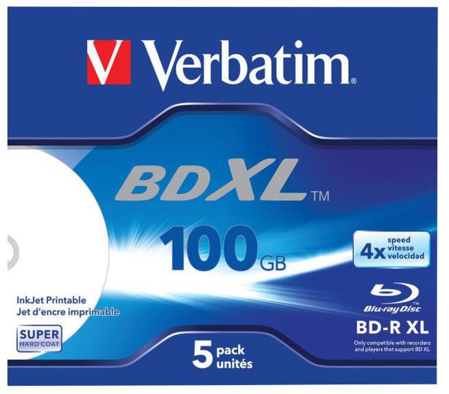 4x Speed BD-R XL Wide Inkjet Printable Blank Blu-ray Discs - 5 Pack Jewel Case - VERBATIM