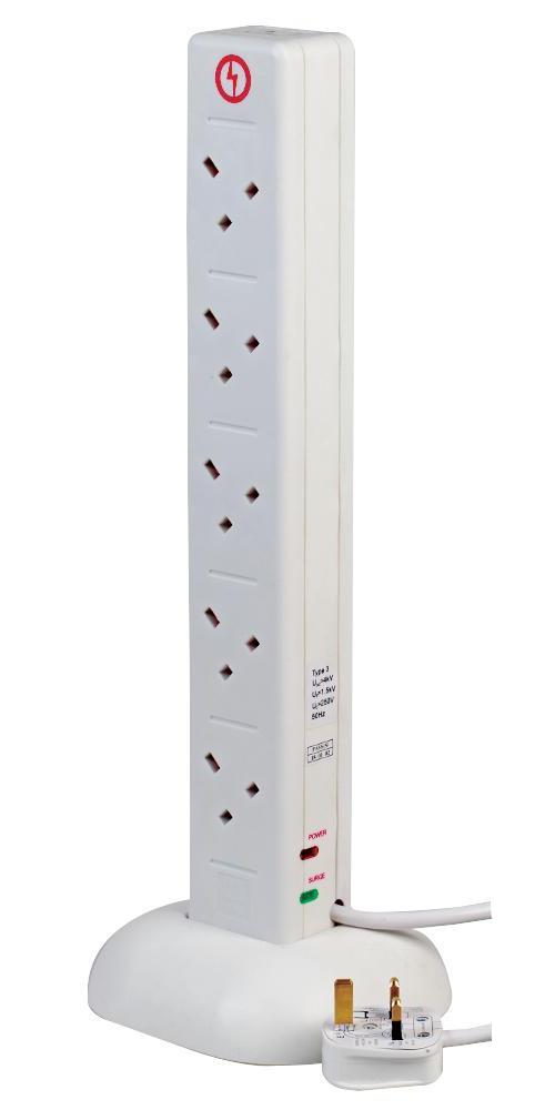 10-Gang Surge Protected Tower Mains Extension with USB, White - PRO ELEC