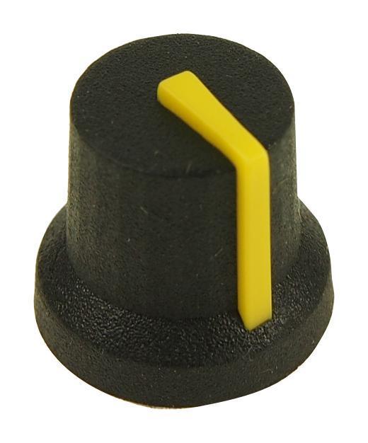 16.2mm Soft Touch Rubber Instrument Knob, 6mm Splined, Black / Yellow - MULTICOMP
