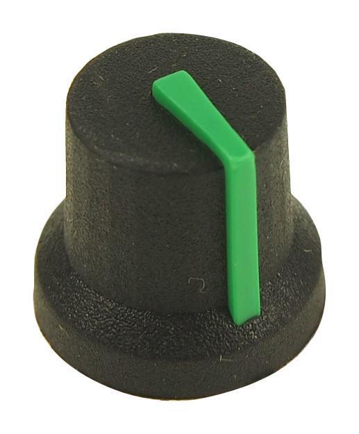 16.2mm Soft Touch Rubber Instrument Knob, 6mm Splined, Black / Green - MULTICOMP