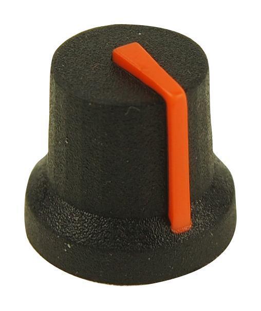 16.2mm Soft Touch Rubber Instrument Knob, 6mm Splined, Black / Orange - MULTICOMP