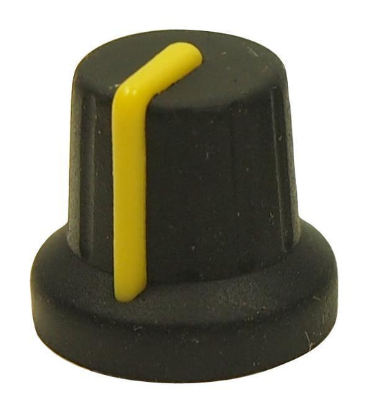 16mm Soft Touch Instrument Knob, Black / Yellow, 6mm Shaft - MULTICOMP