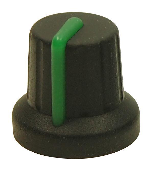 16mm Soft Touch Instrument Knob, Black / Green, 6mm Shaft - MULTICOMP