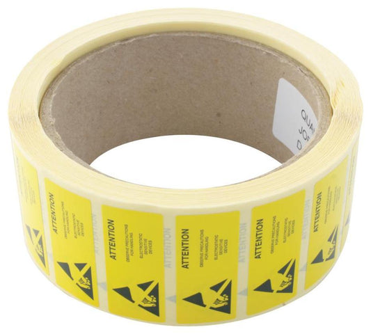 16mm x 38mm ESD Attention Self Adhesive Labels, Black/Yellow, x1000 - 055-0068