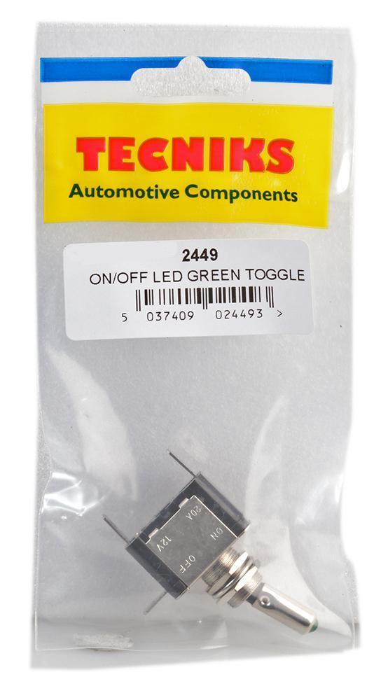 LED Toggle Switch, Panel Mount, On Off, Latching, 12V DC, 25A, Green - 2449
