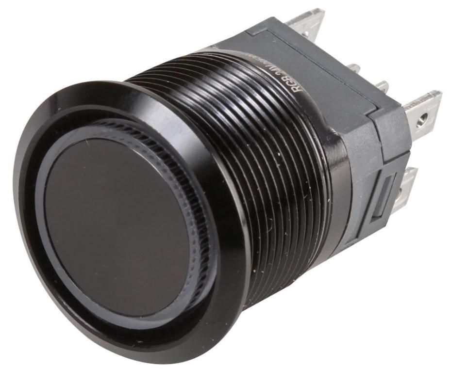 Vandal Resistant Latching Switch with 12V RGB LED, 24V DC, 5A, 2NO / DPST, 22mm - RJS207-22LA-F-R-RGB-BLK-24V-67J