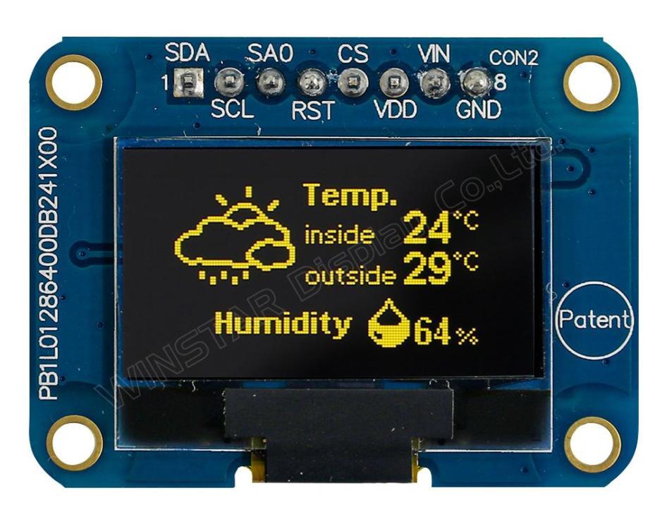 OLED Graphic Display Module, 128 x 64, 3V, Passive Matrix, Yellow, SPI ...