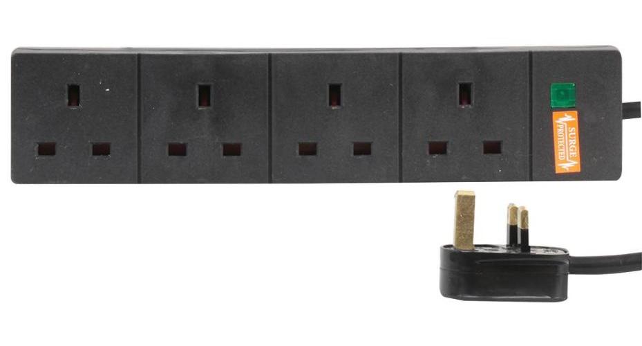 4 Gang Surge Protected Mains Extension Lead, Black, 4m Lead - PELB1169