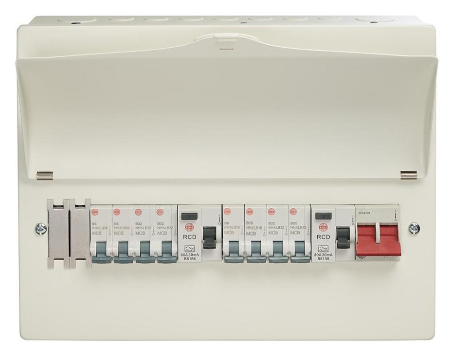 10 Way High Integrity Consumer Unit, 100A Switch, 2x 80A, 30mA RCDs, 8x MCBs - GB6:WNM1769