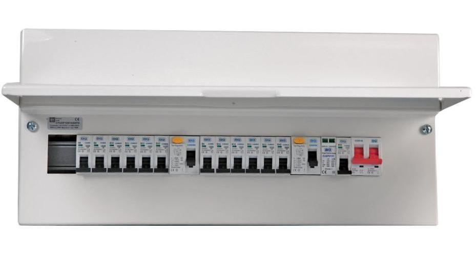 14-Way Populated Dual RCD Consumer Unit, 100A Switch, 1x 63A &amp; 1x 80A, 30mA RCDs, 12x MCBs, Type A, Surge Protection Device - CFUDP18616ASPD-01