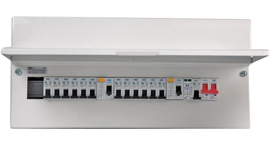 14-Way Populated Dual RCD Consumer Unit, 100A Switch, 1x 63A &amp; 1x 80A, 30mA RCDs, 12x MCBs, Type A, Surge Protection Device - CFUDP18616ASPD-01