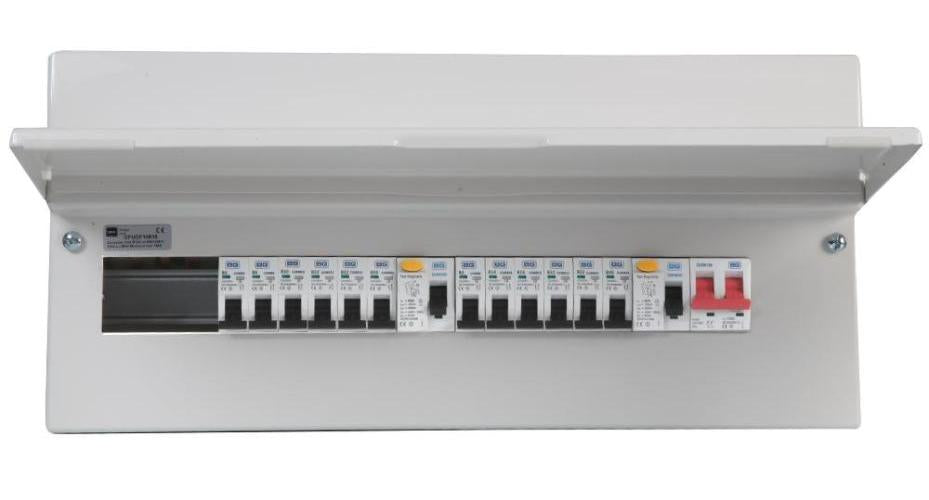 16-Way Populated Dual RCD Consumer Unit, 100A Switch, 1x 63A &amp; 1x 80A, 30mA RCDs, 12x MCBs - CFUDP18616-01