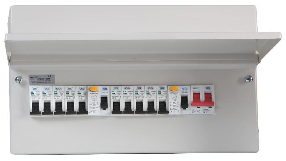 13-Way Populated Dual RCD Consumer Unit, 100A Switch, 1x 63A &amp; 1x 80A, 30mA RCDs, 12x MCBs - CFUDP18613-01