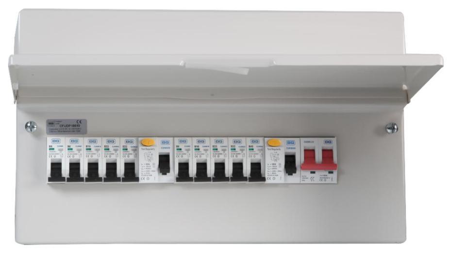10-Way Populated Dual RCD Consumer Unit, 100A Switch, 1x 63A &amp; 1x 80A, 30mA RCDs, 10x MCBs - CFUDP18610-01