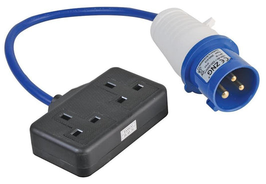 16A, 230V, 2 Gang UK 13A Mains Socket to CEE Plug Extension Lead, 2P+E, Blue, 350mm - PELB0139