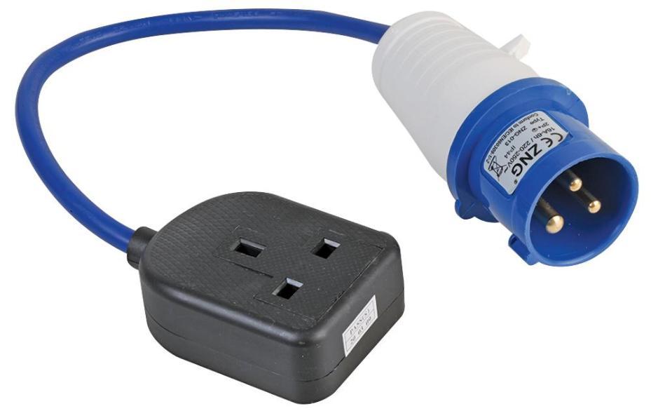 16A, 230V, 1 Gang UK 13A Mains Socket to CEE Plug Extension Lead, 2P+E, Blue, 350mm - PELB0138