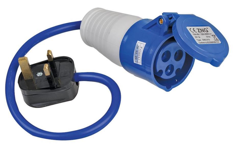 16A, 230V, 1 Gang UK 13A Mains Plug to CEE Socket Extension Lead, 2P+E, Blue, 350mm - PELB0137