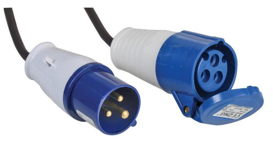 16A, 110V, Rubber CEE Plug to Socket Extension Lead, 2P+E, Yellow, 1.5m - PELB0135