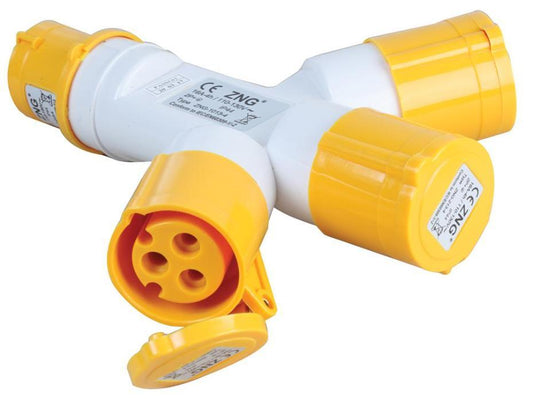 16A, 110V, CEE Plug to 3 Sockets, 2P+E, Yellow, IP44 - PELB0126