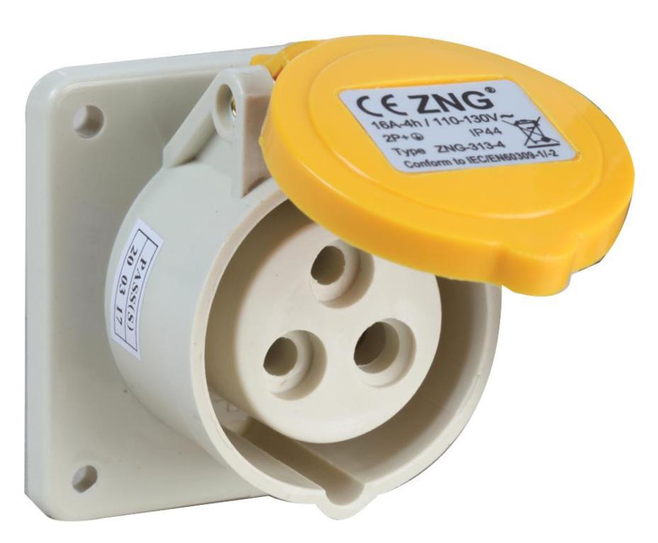 16A, 110V, Panel Mount CEE Socket, 2P+E, Yelow, IP44 - PELB0122