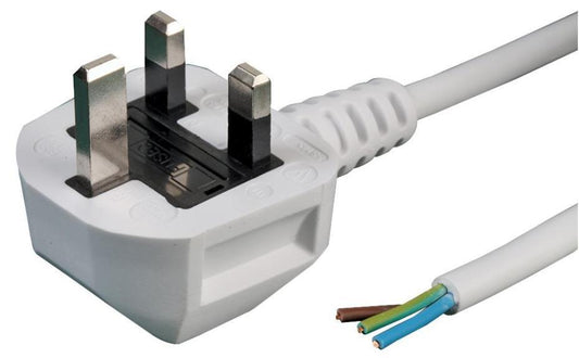 13A UK Plug to Bare Ends Mains Cable, 1.0mm, White, 1m - PEL01287