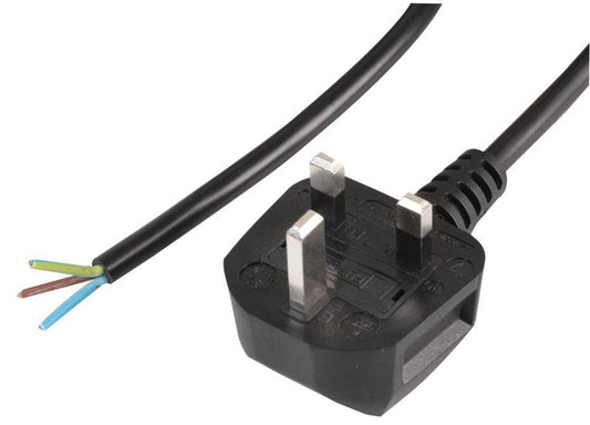 13A UK Plug to Bare Ends Mains Cable, 1.0mm, Black, 1m - PEL01286