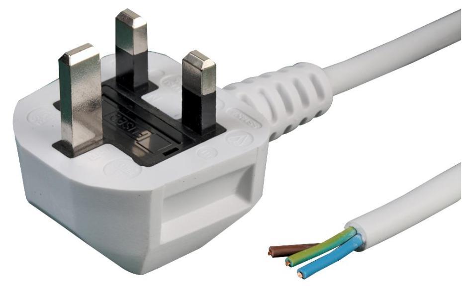 13A UK Plug to Bare Ends Mains Cable, 0.75mm, White, 1m - PEL01285