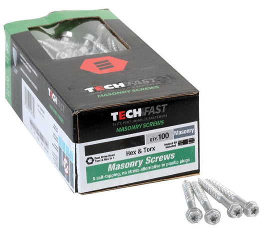 6.3mm x 32mm Torx Compatible Hex Head Masonry Screws, 100 Pack - TFMSHT6332