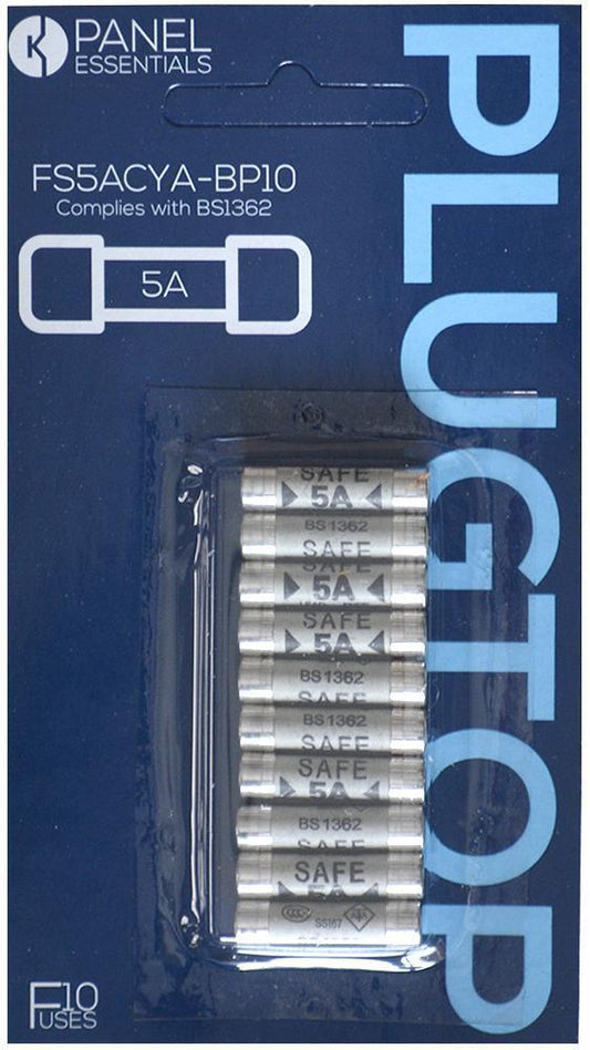 5A Domestic Fuses, BS1362, Pack of 10 - FS5ACYA-BP10