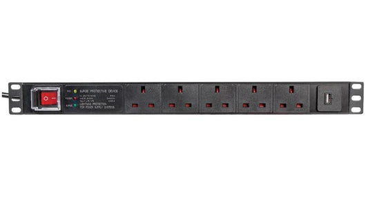 5 Way UK + USB PDU with Surge Protection, 19" 1U - PDS5-USB-SRG