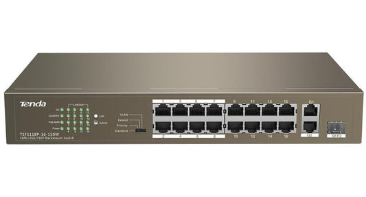16 Port PoE Fast Ethernet Desktop Switch with 2x Gigabit Ports &amp; SFP Slot - TEF1118P-16-150W