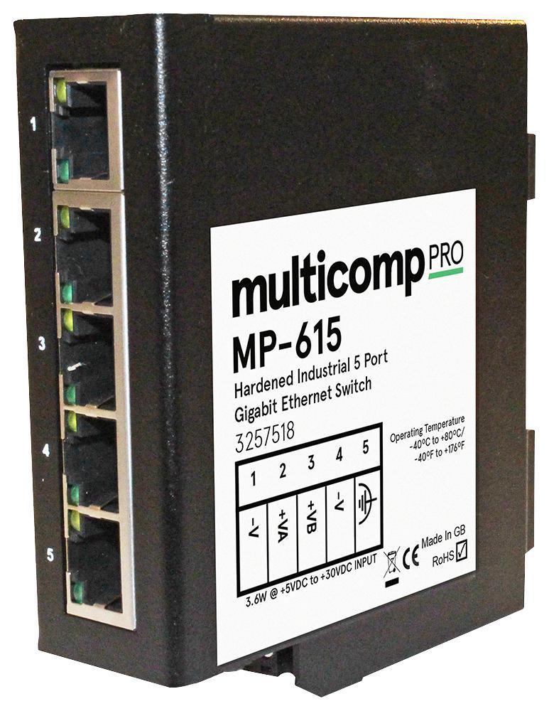 5 Port Hardened Industrial Unmanaged Gigabit Switch, DIN Mountable - MP-615