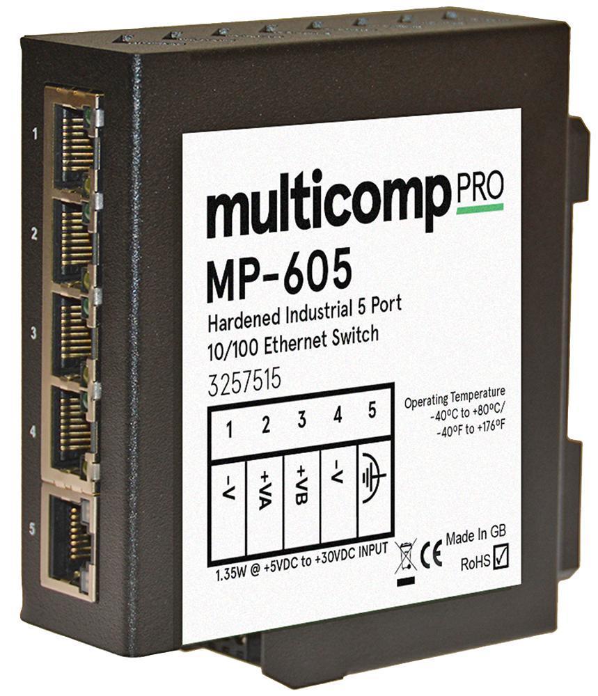 5 Port Hardened Industrial Unmanaged Ethernet Switch, DIN Mountable - MP-605