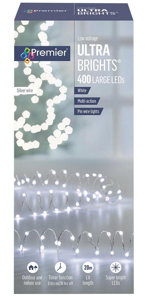 400 LED White Ultrabright Large Pin Wire LED Lights with Timer, 20m - LV192201W