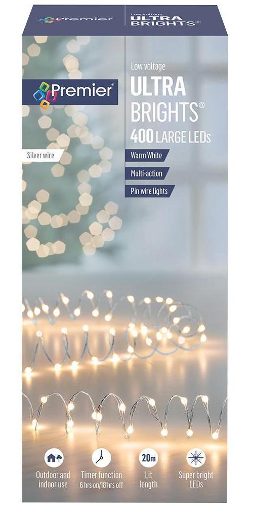 400 LED Warm White Ultrabright Large Pin Wire LED Lights with Timer, 20m - LV192201WW